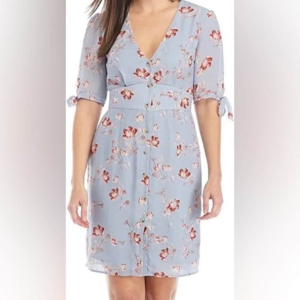 JUNE & HUDSON Elbow Tie Sleeve Light Blue Floral Button Dress Women's Sz Medium